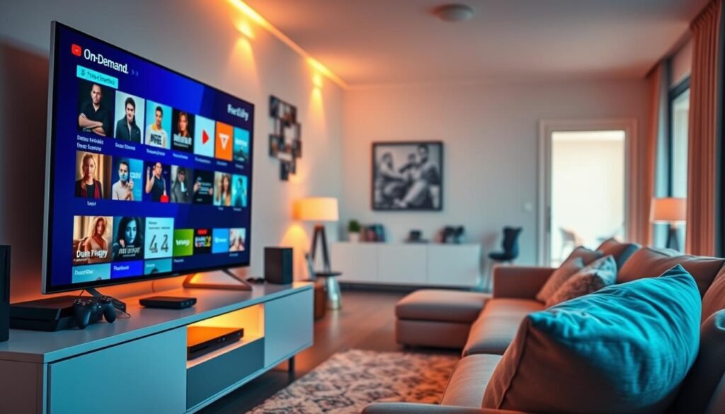 IPTV Payment Methods: Secure & Private Ways to Subscribe 2 A vibrant and diverse home entertainment setup, featuring a sleek smart TV displaying a rich array of on-demand content options. In the foreground, a modern media console houses various streaming devices and gaming consoles, illuminated by warm, ambient lighting. The middle ground showcases a cozy living space with plush seating, creating an inviting atmosphere for content exploration. The background reveals a glimpse of a minimalist, well-appointed room, hinting at the breadth of entertainment possibilities available at the user's fingertips. The scene conveys a sense of technological sophistication, personal customization, and the endless variety of on-demand entertainment.