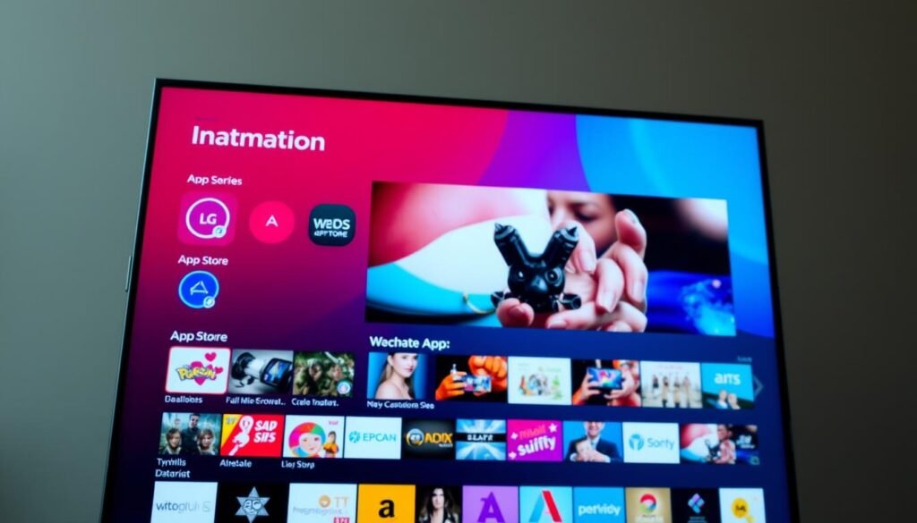 A vibrant, well-lit screenshot of the WebOS app store navigation interface on an LG television. The foreground features a clean, intuitive menu with numerous app icons arranged in a grid layout. The middle ground showcases the content preview of a selected app, with vivid, high-quality visuals. The background gently blurs, emphasizing the user's focus on the app store experience. The lighting is soft and natural, creating a welcoming, premium atmosphere. The camera angle is slightly elevated, providing an immersive, user-centric perspective. The overall composition conveys the ease and accessibility of navigating the WebOS app ecosystem for smart streaming on an LG TV.