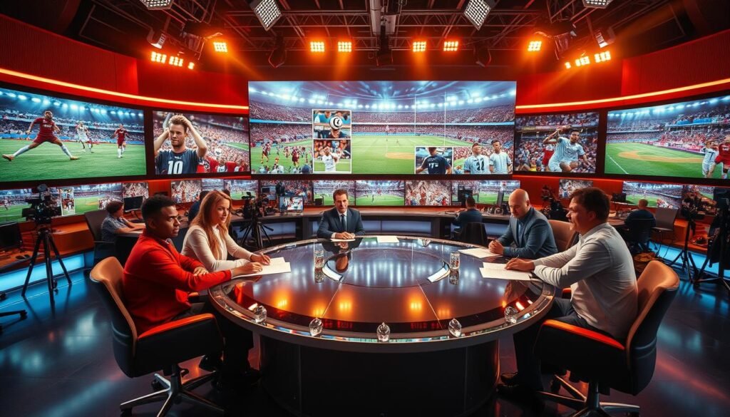 Sports IPTV Package: Watch All Major Leagues & PPV Events 1 A vibrant, wide-angle shot of a bustling sports broadcasting studio. In the foreground, a team of dedicated anchors and reporters sit at a sleek, modern desk, expressions intense as they deliver up-to-the-minute global sports coverage. Behind them, a massive, high-definition video wall displays a collage of live sporting events from around the world - soccer, tennis, basketball, and more. The scene is bathed in warm, professional lighting that casts a confident, authoritative glow. In the background, a talented crew of producers and technicians work tirelessly, their workspace filled with cutting-edge broadcasting equipment. The overall atmosphere conveys a sense of energy, passion, and a deep commitment to bringing the world of sports to eager audiences.