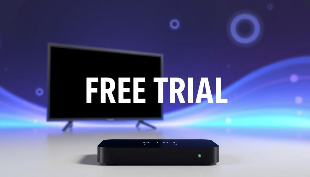 A visually appealing and informative image showcasing a "Free trial streaming offer" to complement the article's section on "Free IPTV Trial Offer and Exclusive $6.95 Deal". The image should feature a modern, minimalist design with a focus on the key details of the offer. The foreground should prominently display a sleek, high-quality streaming device, such as a smart TV or a streaming media player, against a clean, gradient background. The device should be positioned at a slight angle, creating a sense of dynamism and drawing the viewer's attention. The middle ground should feature a bold, attention-grabbing headline "FREE TRIAL" in a large, Sans-serif font, emphasizing the key offer. The background should convey a sense of digital connectivity, with subtle, abstract patterns or shapes in a complementary color palette, suggesting the idea of streaming and online entertainment. The lighting should be soft and evenly distributed, creating a warm, inviting atmosphere. The overall composition should be