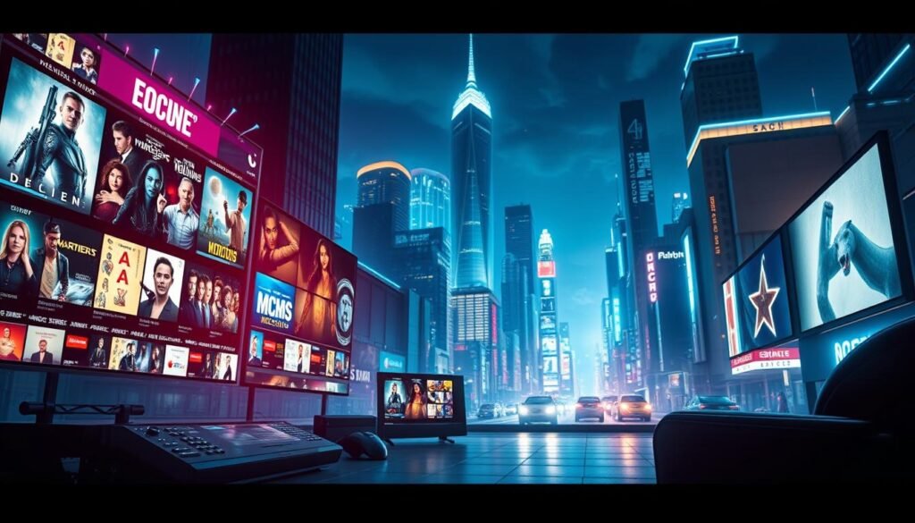97K+ Movies On Demand: Complete VOD Library for IPTV 1 A visually captivating scene of the latest VOD trends, captured in a stylized and cinematic manner. In the foreground, a glowing, holographic-like display showcases a variety of movies, TV shows, and streaming services, reflecting the vast on-demand library available to viewers. The middle ground features sleek, futuristic devices and interfaces, hinting at the technology powering the VOD revolution. In the background, a cityscape of towering skyscrapers and neon-lit streets sets the scene, conveying the dynamic and ever-evolving nature of the modern entertainment landscape. The overall mood is one of excitement, innovation, and a sense of endless possibilities for the future of on-demand viewing.
