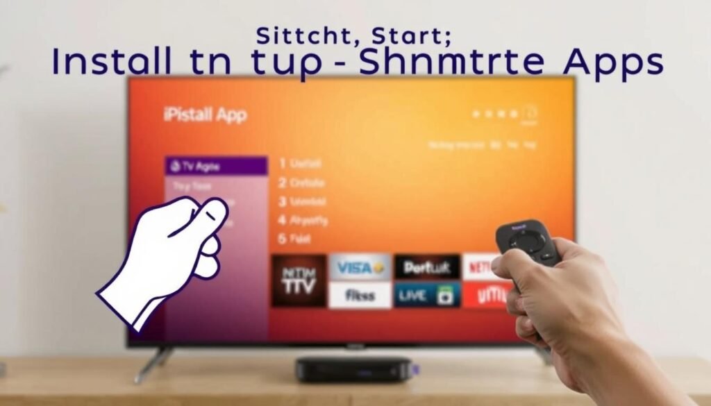 A visually engaging step-by-step tutorial on installing the IPTV Smarters app. In the foreground, a hands-on walkthrough of the app's user interface, highlighting key setup options. The middle ground showcases the Roku device prominently, with a clean, minimalist design. In the background, a soft gradient blends warm tones, creating a calming, informative atmosphere. The lighting is natural and diffused, drawing attention to the clean lines and intuitive layout of the app. Captured at a slightly high angle, the scene conveys a sense of guidance and ease of use for the viewer.