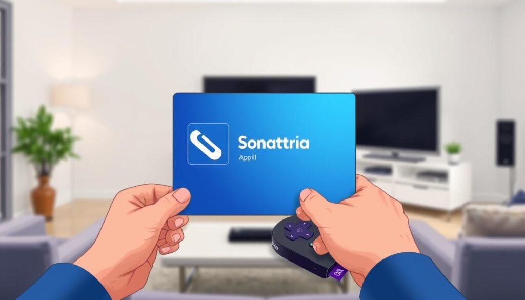 A well-lit and detailed digital illustration of a person's hands installing the IPTV Smarters app on a Roku streaming device. The device is displayed prominently in the foreground, with the person's hands interacting with the on-screen interface. The middle ground features a clean, minimalist living room setting, with a flat-screen TV and other home entertainment equipment visible. The background is slightly blurred, creating a sense of depth and focus on the central action. The overall scene conveys a sense of ease and simplicity in the setup process, with a bright, inviting color palette.