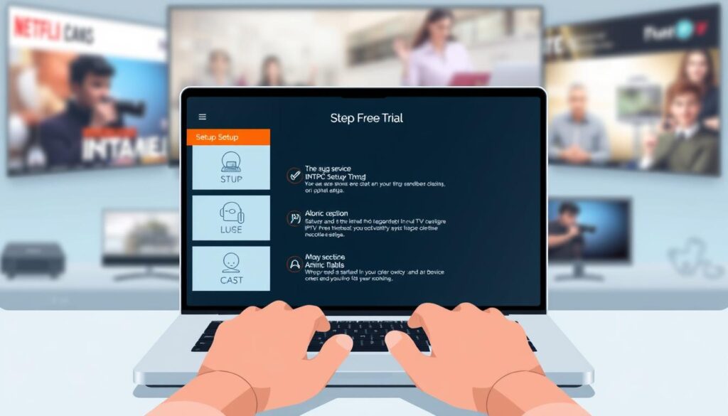 A well-lit, crisp and clean illustration depicting a step-by-step "free trial activation guide" for a premium IPTV subscription service. The foreground shows a modern laptop or tablet screen displaying the various setup steps, with clear and intuitive UI elements. The middle ground features a person's hands interacting with the device, guiding the viewer through the process. The background has a subtle, blurred backdrop of the IPTV service's branding or product shots, conveying a sense of professionalism and quality. The overall mood is informative, approachable and visually appealing, making the free trial activation a seamless experience for the user. A well-lit, crisp and clean illustration depicting a step-by-step "free trial activation guide" for a premium IPTV subscription service. The foreground shows a modern laptop or tablet screen displaying the various setup steps, with clear and intuitive UI elements. The middle ground features a person's hands interacting with the device, guiding the viewer through the process. The background has a subtle, blurred backdrop of the IPTV service's branding or product shots, conveying a sense of professionalism and quality. The overall mood is informative, approachable and visually appealing, making the free trial activation a seamless experience for the user.