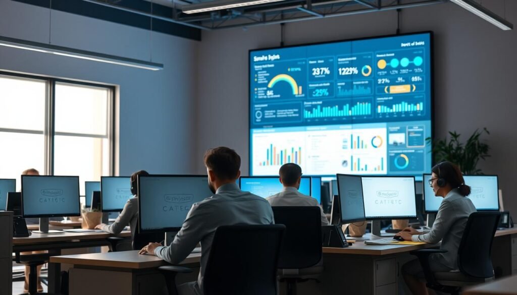 A well-lit customer service center, with agents seated at modern desks, intently focused on their computer screens. The room has a serene, professional atmosphere, with subtle lighting and muted colors that create a calming ambiance. In the background, a large display monitor showcases real-time analytics and insights, providing the agents with valuable data to enhance their interactions with customers. The scene conveys a sense of efficiency, empathy, and a deep commitment to delivering an exceptional streaming service experience.