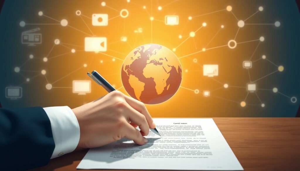 A well-lit, detailed illustration of the content licensing process. In the foreground, a hand signing a contract, representing the legal agreement between content creators and distributors. In the middle ground, a globe with various media icons (film reels, TV screens, audio waves) symbolizing global content distribution. In the background, a network of interconnected nodes and lines, depicting the complex web of licensing regulations, copyrights, and digital rights management systems. The overall scene conveys a sense of professionalism, technology, and the intricacies involved in legally distributing multimedia content across platforms and regions.