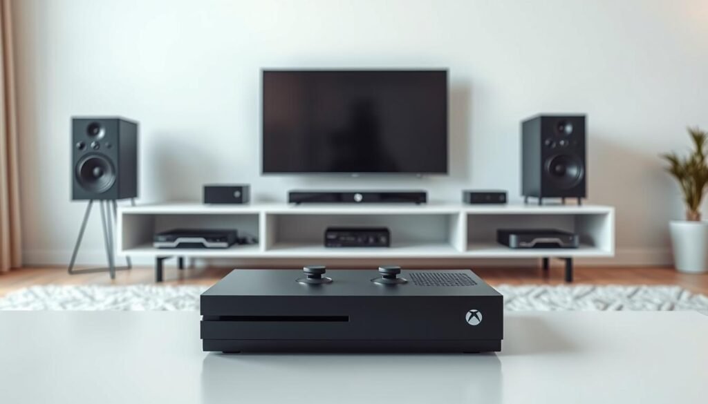 A well-lit, high-angle shot of an Xbox gaming console and its media center setup. The console is positioned prominently in the foreground, sleek and modern-looking. In the middle ground, a minimalist entertainment unit houses various media devices like a streaming box and sound system, all neatly organized. The background features a clean, minimalist living room setting with a large flatscreen TV, allowing the Xbox setup to take center stage. The lighting is soft and natural, creating a sense of warmth and functionality. The overall composition emphasizes the Xbox's versatility as a media hub, ready to transform the living space into a cozy entertainment center.