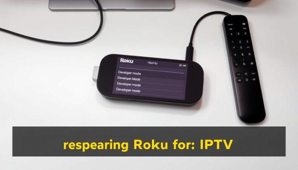 A well-lit, high-angle view of a streaming device, likely a Roku, sitting on a minimalist workspace. The device's menu is displayed, showcasing the "Developer" mode options, signifying the preparatory steps for setting up IPTV. The background features a clean, modern desk surface with minimal clutter, creating a focused and organized atmosphere. Soft, directional lighting casts subtle shadows, adding depth and a sense of professionalism to the scene. The overall composition emphasizes the technical nature of the task at hand, guiding the viewer towards the key details necessary for the "Preparing Your Roku for IPTV" section of the article.