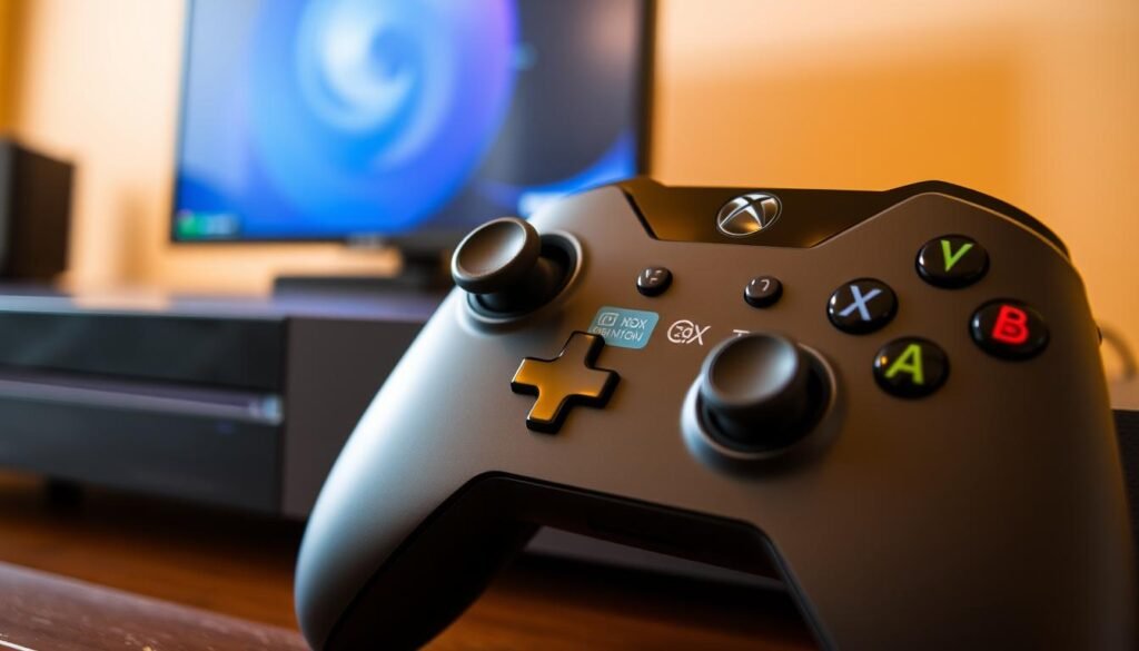 A well-lit, high-resolution image of a step-by-step guide for setting up an IPTV service on an Xbox gaming console. The guide is displayed on a sleek, modern Xbox controller in the foreground, with the Xbox console itself visible in the background. The guide includes clear, detailed instructions and diagrams, presented in a clean, easy-to-follow layout. The image conveys a sense of simplicity and accessibility, reflecting the intuitive nature of the setup process. The lighting is warm and natural, creating a welcoming and informative atmosphere.
