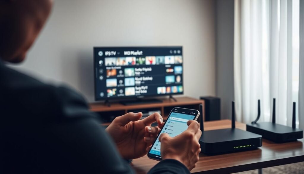 A well-lit, highly detailed interior scene depicting the process of setting up an IPTV M3U playlist. In the foreground, a person's hands are shown interacting with a smartphone or tablet, navigating through various app menus and settings. Surrounding the central figure, an array of networking devices are neatly arranged, including a router, modem, and streaming media player, their LED lights casting a soft glow. In the background, a large flatscreen TV displays a visual representation of the M3U playlist, with channel icons and information visible. The overall atmosphere is one of focus and productivity, with clean lines, muted colors, and a sense of technological sophistication.