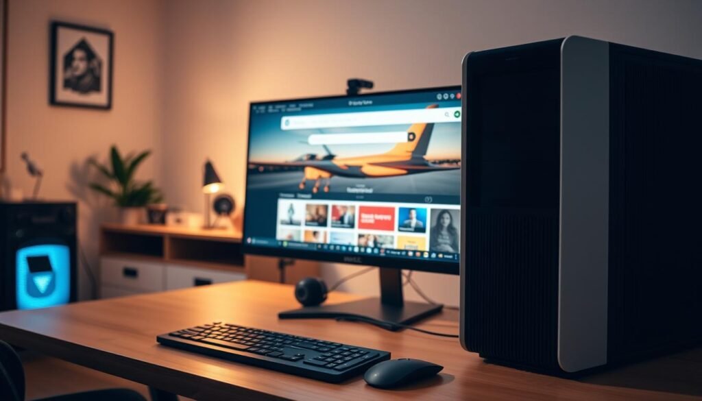 A well-lit home office setup with a secure streaming system. In the foreground, a sleek desktop computer with a hardened firewall and VPN client software running discreetly in the background. The middle ground features a high-resolution external monitor displaying a streaming service homepage, emphasizing the need for a private, encrypted connection. The background showcases a tidy workspace with minimalist decor, exuding a sense of professionalism and privacy. Soft, indirect lighting casts a warm glow, creating an atmosphere of trust and confidence in the secure streaming setup.