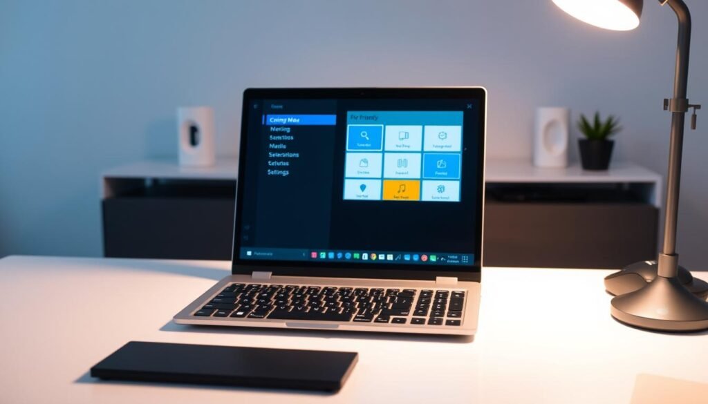 A well-lit, modern home office setup with a laptop, wireless keyboard, and mouse on a sleek, minimalist desk. The laptop screen displays a simple, user-friendly IPTV interface with intuitive navigation menus and clear icons. Soft, ambient lighting illuminates the scene, creating a calming and inviting atmosphere. The overall composition emphasizes the ease and simplicity of setting up and using an IPTV system, reflecting the "Navigating the IPTV Interface and User Experience" section of the article.
