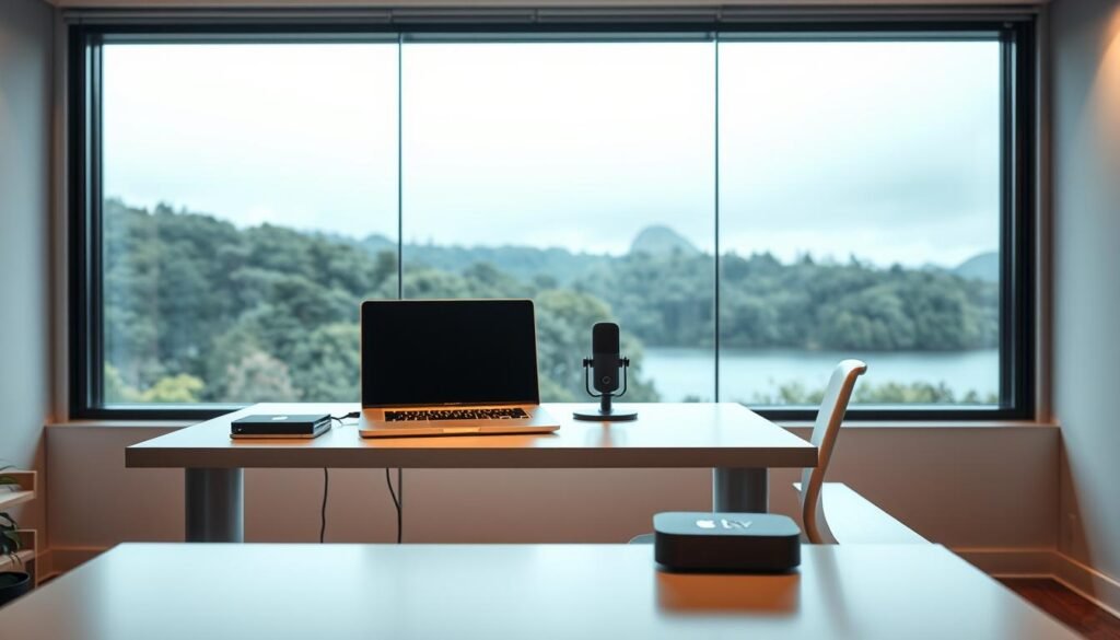 A well-lit, modern home office setup with a sleek, minimalist desk and chair. On the desk, a MacBook Pro laptop, an Apple TV, and a high-quality microphone. The setup is arranged in a clean, organized manner, with cables neatly hidden. The background features a large, frameless window overlooking a serene, natural landscape, providing a calming ambiance. The lighting is a combination of soft, natural daylight and subtle, warm-toned artificial lighting, creating a professional yet inviting atmosphere. The overall scene conveys a sense of focus, productivity, and attention to detail, perfect for a step-by-step guide on setting up IPTV on an Apple TV.