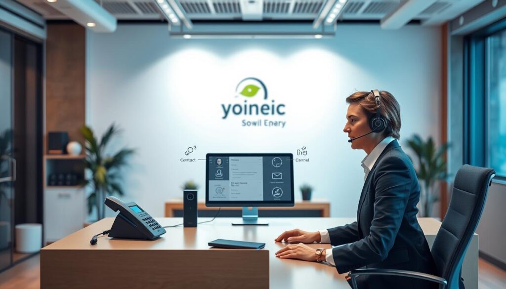 A well-lit, modern office setting, with a warm and welcoming atmosphere. In the foreground, a customer service representative in a smart, professional attire sits at a sleek, minimalist desk, ready to assist. The middle ground features an array of communication options - a landline phone, a computer monitor displaying contact information, and icons representing various digital channels such as email, chat, and social media. The background showcases a clean, minimalist design with subtle branding elements, conveying a sense of efficiency and reliability. The overall composition emphasizes the seamless, multi-faceted customer support experience.