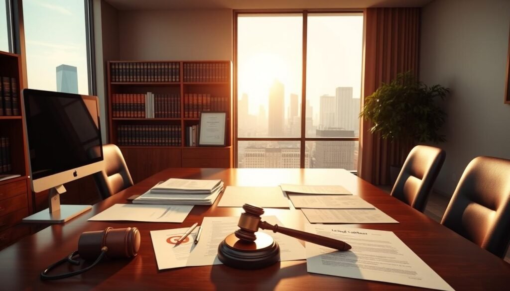 A well-lit office interior with a large desk in the foreground, neatly organized with legal documents, a desktop computer, and a gavel. In the middle ground, a bookshelf filled with law books and a framed certificate of legal compliance. The background features a large window overlooking a cityscape, with the sun casting a warm, professional glow throughout the scene. The overall atmosphere conveys a sense of authority, order, and adherence to legal regulations regarding streaming services.