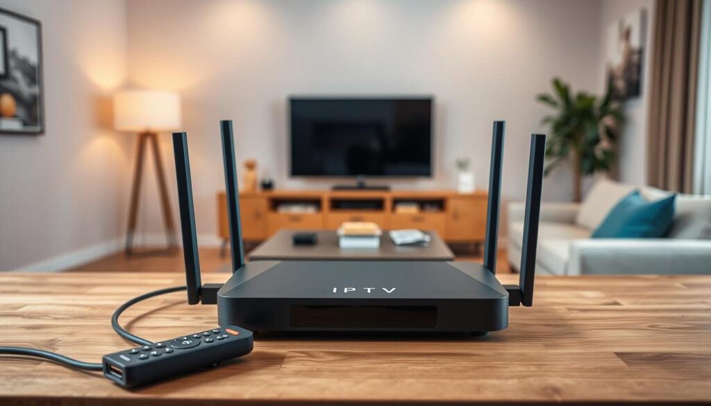 A well-lit studio setup with a modern IPTV device positioned prominently on a minimalist wooden desk. The device is surrounded by a sleek wireless router, an HDMI cable, and a remote control. The foreground showcases the setup in crisp detail, while the middle ground features a blurred view of a living room with a large TV screen. The background depicts a cozy, contemporary home environment with warm lighting and neutral-toned walls. The overall atmosphere conveys a sense of simplicity, functionality, and technological integration.