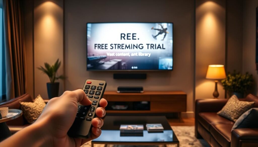 An elegant living room with a large flatscreen TV mounted on the wall, displaying a captivating "Free Streaming Trial" offer. Soft ambient lighting creates a cozy atmosphere, while plush leather furniture and a stylish coffee table set the scene. In the foreground, a hand holds a modern remote control, ready to explore the vast content library of the IPTV service. The room's warm, inviting tone suggests the effortless convenience of unlocking a world of entertainment with a simple click.