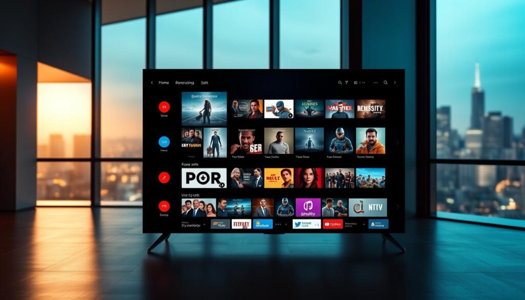 An elegantly designed streaming service hub with a prominent central display showcasing a diverse array of content options. The foreground features sleek, high-resolution thumbnails of popular movies, TV shows, and live channels, arranged in a visually striking grid layout. The middle ground depicts intuitive navigation controls and personalized recommendations tailored to the user's preferences, all rendered in a clean, minimalist interface. The background subtly depicts a serene, out-of-focus cityscape, conveying a sense of modern, urban sophistication. Soft, indirect lighting casts a warm, inviting glow across the scene, creating a visually captivating and immersive user experience.