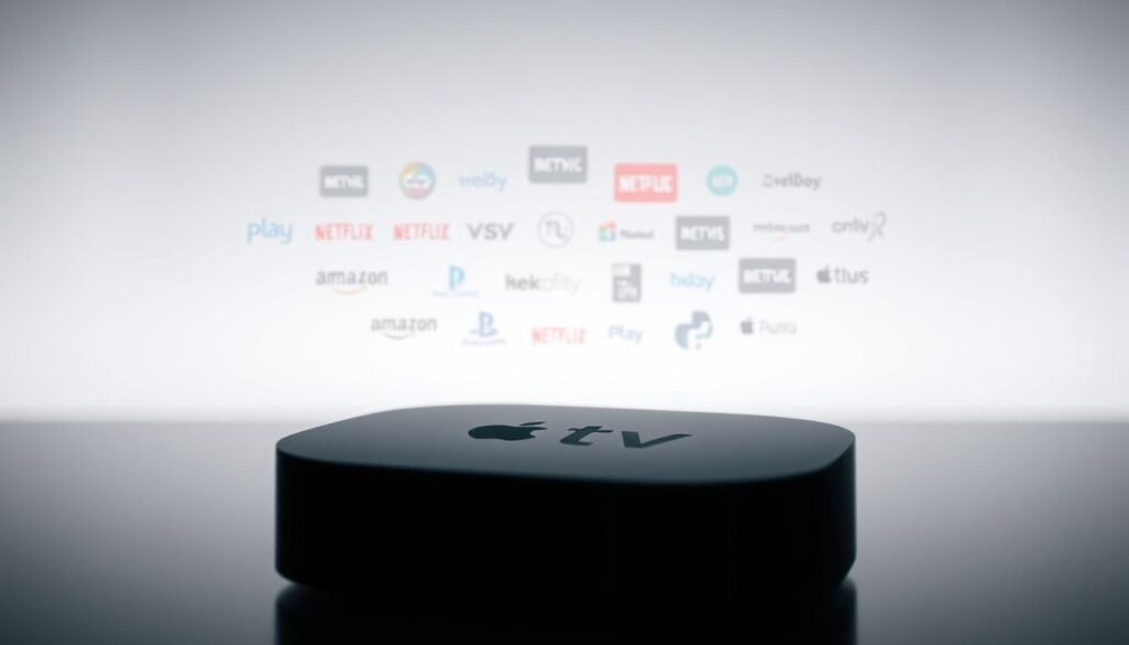 An elegantly modern Apple TV device prominently displayed in the foreground, its sleek and minimalist design accentuated by soft, diffused lighting from an unseen source. In the middle ground, a seamless array of streaming service icons and logos float effortlessly, representing the device's robust compatibility and integration capabilities. The background is a subtle, blurred gradient, lending a sense of depth and focus to the central subject. The overall composition conveys a sense of technological sophistication, user-friendly accessibility, and the Apple TV's role as a versatile streaming hub.