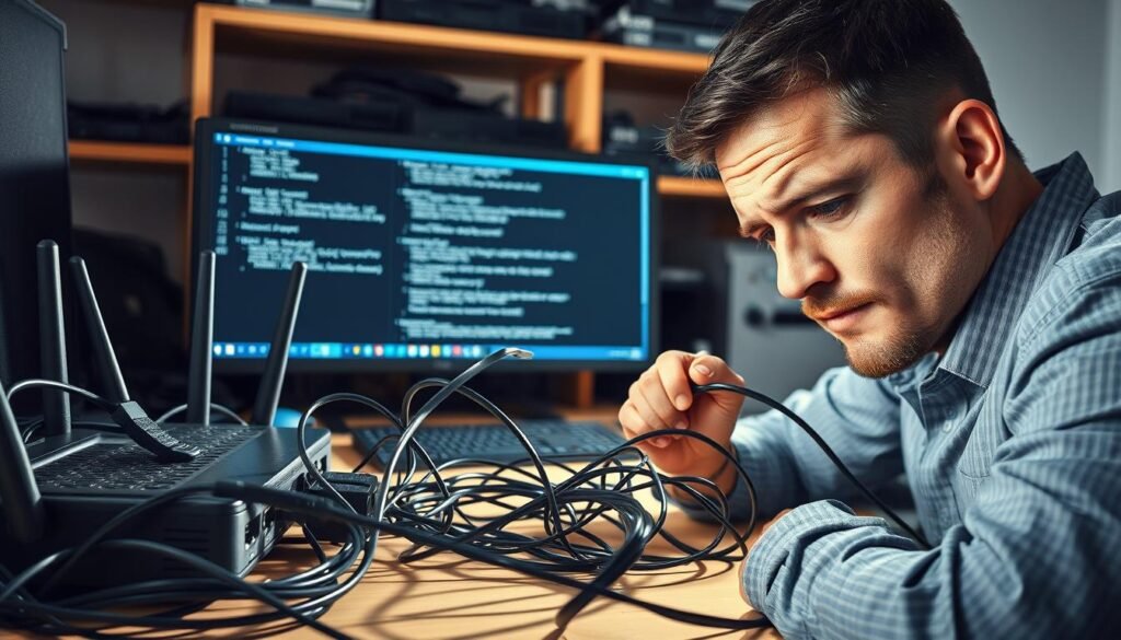 An office desk with a computer, router, and various network cables. Bright, direct lighting illuminates the scene, casting sharp shadows. In the foreground, a frustrated user examines the tangled mess of wires, brow furrowed in concentration. In the middle ground, the computer screen displays error messages and diagnostic information. The background features shelves with networking hardware, suggesting a professional, technical environment. The overall mood is one of troubleshooting and problem-solving, with a sense of focus and determination to resolve the connection issues at hand.