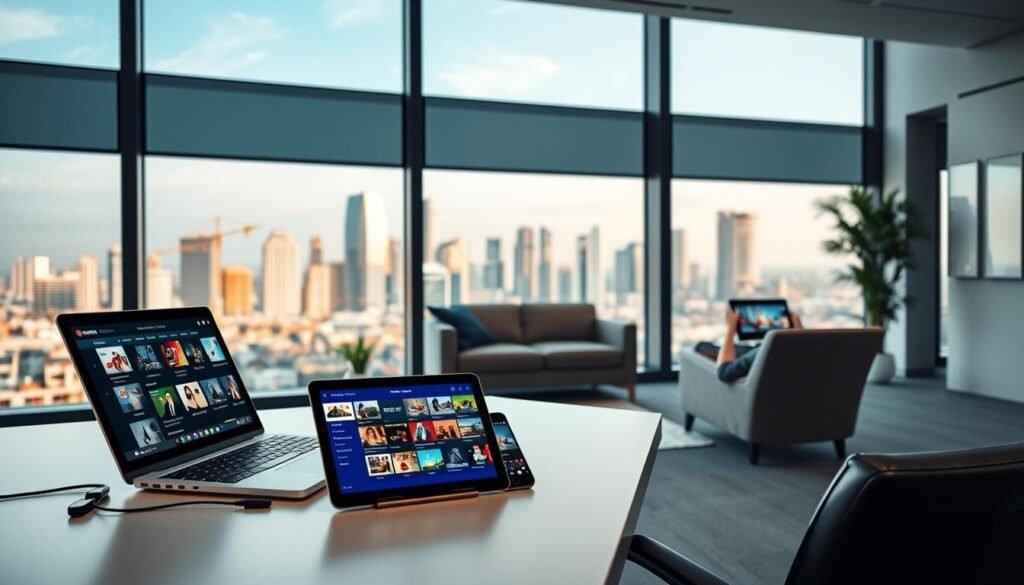 An office interior with a large window overlooking a modern cityscape. In the foreground, a sleek and minimalist desk setup showcases a laptop, a tablet, and a smartphone, all connected and displaying various IPTV features and benefits. The middle ground features a comfortable sofa and armchair, where a person is relaxing and streaming live TV channels on a tablet. The background depicts a vibrant urban skyline, with skyscrapers and modern architecture. The lighting is soft and natural, creating a warm and productive atmosphere. The overall scene conveys the ease, convenience, and versatility of IPTV technology in a professional and domestic setting.