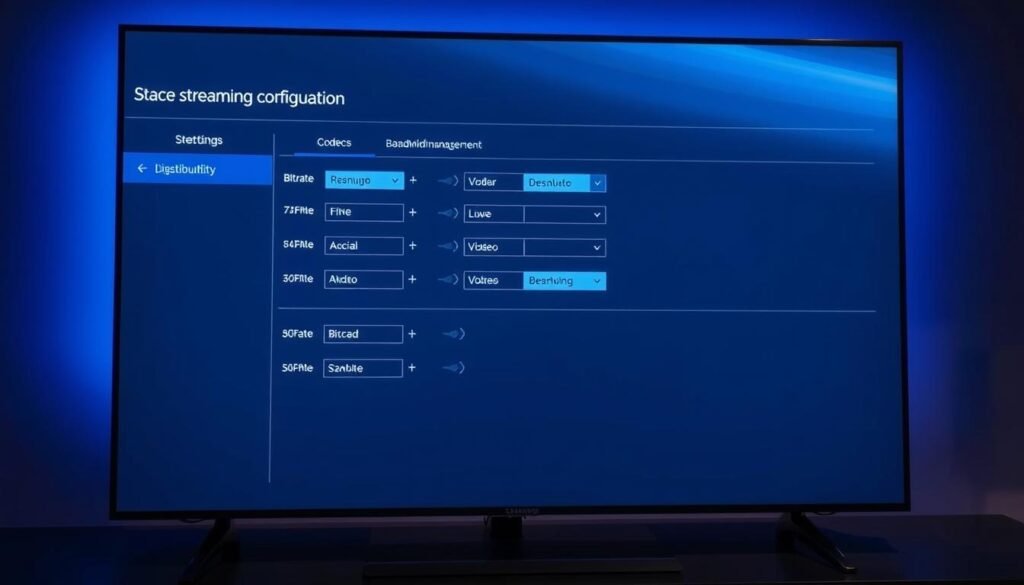 Detailed, highly optimized streaming configuration settings display on a sleek, minimalist Samsung TV interface. The UI features a clean, intuitive layout with customizable options for bitrate, resolution, codecs, and bandwidth management. Subtle blue and gray tones create a calming, professional atmosphere, while dynamic lighting and camera angles highlight the technical complexity of the system. The overall impression is one of power, precision, and seamless performance - perfect for enhancing the IPTV experience on a Tizen-powered Samsung television.