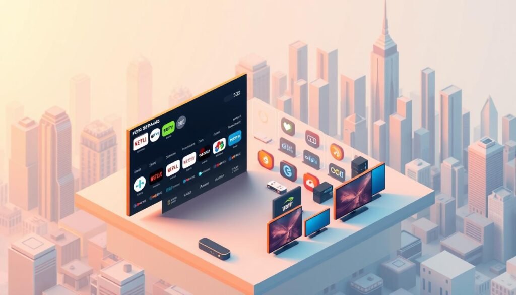 Detailed isometric illustration of customizable streaming plans. In the foreground, a central panel with a range of streaming service icons and pricing tiers, allowing for user selection. The middle ground features a grid of device icons representing various platforms for accessing the content. The background showcases a modern city skyline with skyscrapers, conveying the idea of global connectivity. The lighting is soft and warm, creating a sense of clarity and professionalism. The overall tone is one of flexibility, choice, and technological sophistication.