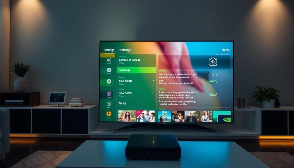 Optimizing streaming quality on a NVIDIA Shield device. A modern living room setup with an NVIDIA Shield connected to a 4K OLED TV, showcasing a vibrant and detailed user interface. The room is well-lit with a combination of natural and ambient lighting, creating a warm and inviting atmosphere. The Shield is placed on a sleek, minimalist entertainment center, highlighting its premium design. On the screen, various streaming apps and settings are visible, demonstrating the device's capabilities to fine-tune video and audio quality for an immersive 4K viewing experience. The overall scene conveys a sense of technological sophistication and home entertainment optimization.