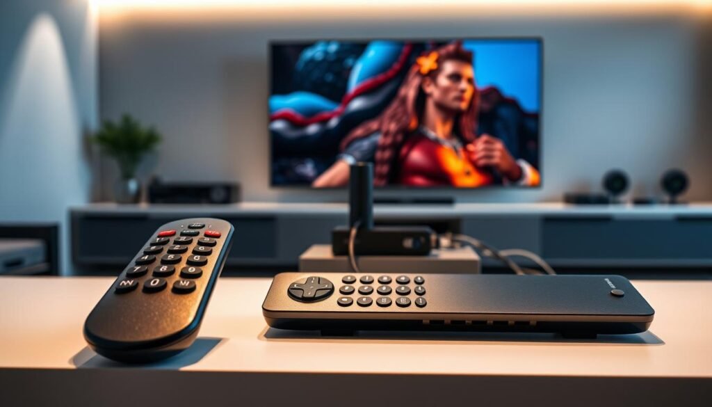 Prompt A high-tech remote control setup on a sleek, modern desk. In the foreground, a sophisticated remote control with advanced buttons and display, casting a soft glow. In the middle ground, a NVIDIA Shield streaming device, connected to various cables and ports. The background features a minimalist interior with clean lines, indirect lighting, and a large screen displaying vivid 4K content, creating an immersive entertainment experience.