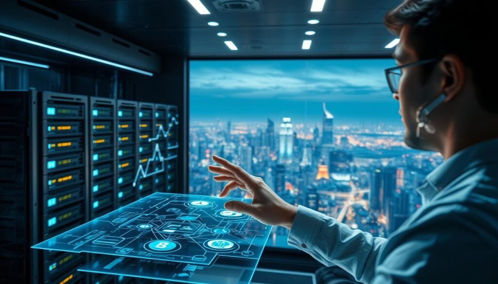 Streaming technology benefits: a futuristic scene with a sleek, modern interface showcasing advanced features. In the foreground, a person interacts with a holographic display, manipulating data streams with fluid hand motions. The middle ground features stacks of servers and networking equipment, bathed in a soft blue glow, symbolizing the powerful infrastructure powering the seamless experience. In the background, a panoramic view of a bustling city skyline, representing the global reach and accessibility of this innovative technology. The scene is illuminated by crisp, directional lighting, creating depth and emphasizing the cutting-edge nature of the streaming solution. An atmosphere of efficiency, connectivity, and technological progress permeates the image.