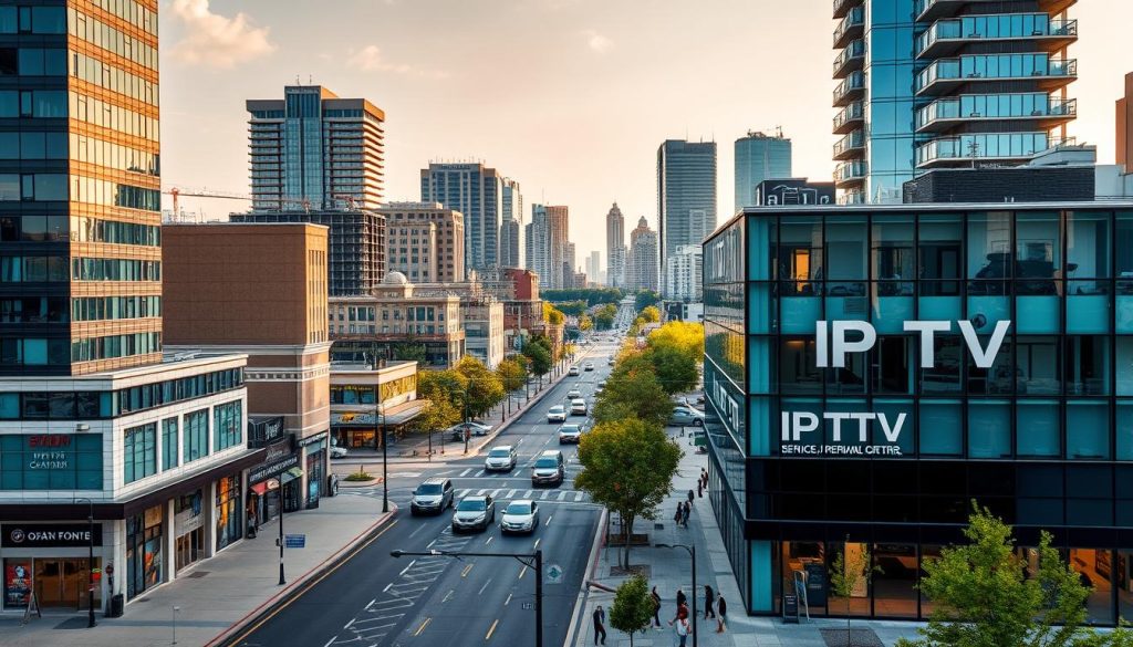 A cityscape of Brampton, Ontario, with a prominent IPTV provider's office or service center in the foreground. The building should have a modern, sleek design with bold signage and branding. In the middle ground, there are busy streets with commuters, vehicles, and local businesses, reflecting the vibrant atmosphere of the city. The background features the iconic skyline of Brampton, with a mix of high-rise buildings and lush green spaces. The lighting should be warm and inviting, with a touch of natural sunlight filtering through. The overall scene conveys the convenience and accessibility of IPTV services for Brampton residents.