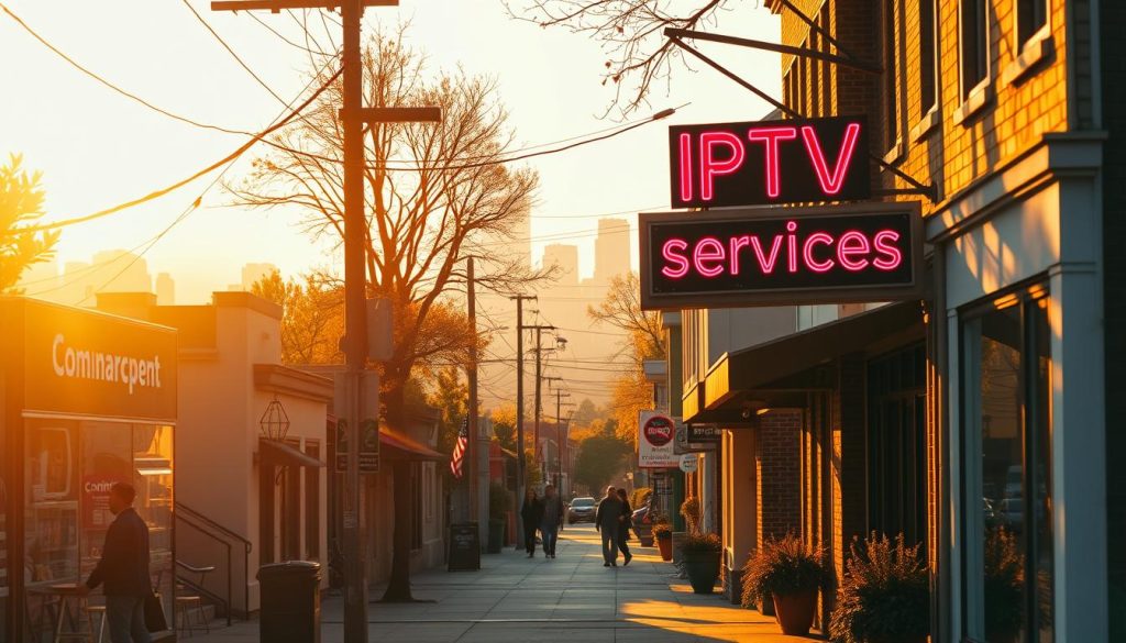 A cozy neighborhood street, lined with local businesses, featuring a prominent storefront displaying "IPTV Services" in neon signage. The scene is bathed in a warm, golden glow from the setting sun, casting long shadows and creating a welcoming, community-driven atmosphere. In the foreground, a few residents can be seen browsing the store's offerings, while the middle ground showcases other nearby shops, cafes, and townhouses, all contributing to the vibrant, local feel. The background fades into a hazy, urban skyline, hinting at the larger city context. The overall composition conveys the importance of accessible, community-based IPTV services in the modern streaming landscape.