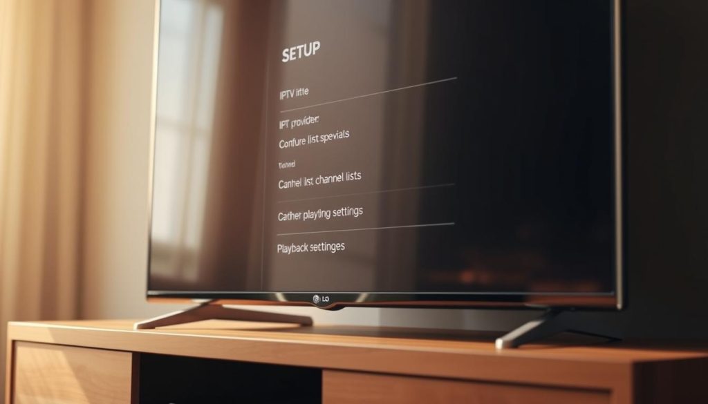 A crisp, well-lit close-up of a modern LG Smart TV display, showcasing the IPTV setup menu. The TV is placed on a sleek, minimalist wooden entertainment unit, bathed in warm ambient lighting. The screen displays a clean, user-friendly interface with intuitive options for configuring IPTV providers, channel lists, and playback settings. The scene conveys a sense of simplicity and effortless connectivity, highlighting the ease of IPTV integration on this LG Smart TV model.