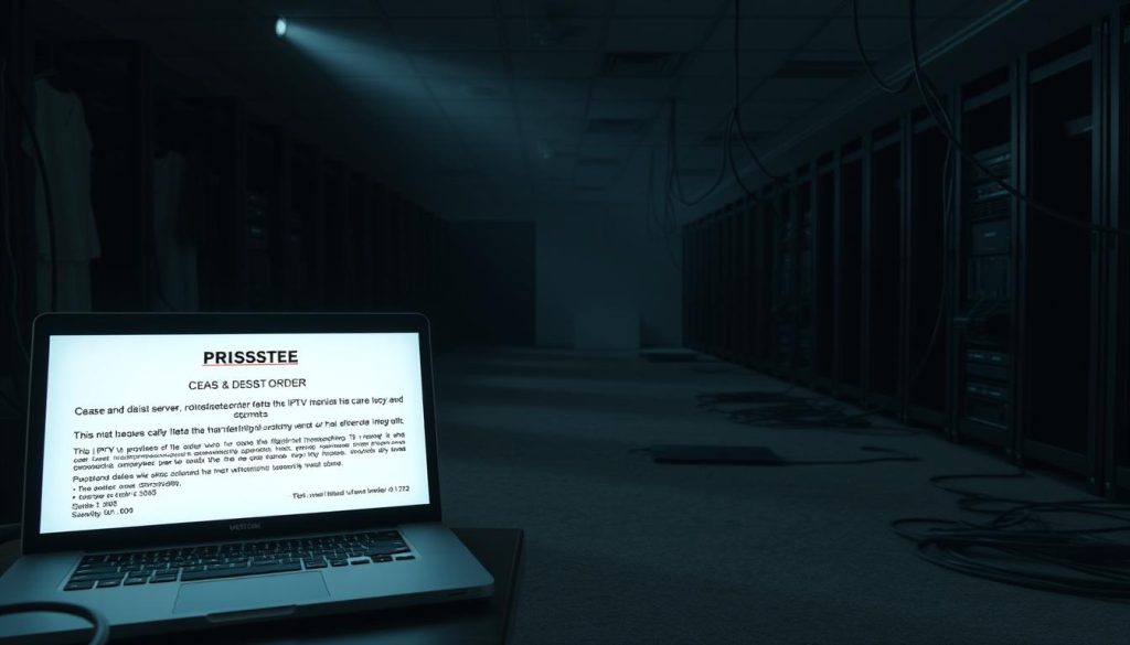 A deserted IPTV server room, servers and equipment dismantled, wires dangling. Dim lighting casts long shadows, conveying a sense of abandonment and legal pressure. In the foreground, a single laptop displays a cease-and-desist order, highlighting the consequences faced by the providers. The background is hazy, suggesting the widespread impact on the IPTV ecosystem. The overall atmosphere is one of defeat, with a somber tone reflecting the demise of these illegal services.