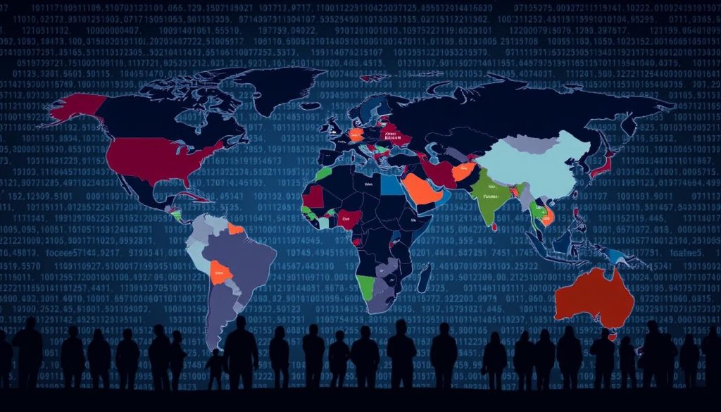 A detailed map of the world, with different countries colored to represent their IPTV laws and regulations. In the foreground, a central focus on the diverse legal landscape, with annotations highlighting key differences between countries. The middle ground features silhouettes of people, representing the global reach and impact of IPTV. In the background, a subtle fade into a patterned digital backdrop, hinting at the technological nature of the subject matter. The overall mood is one of informative clarity, emphasizing the complexity and nuance of IPTV legality worldwide through a visually striking and data-driven illustration.