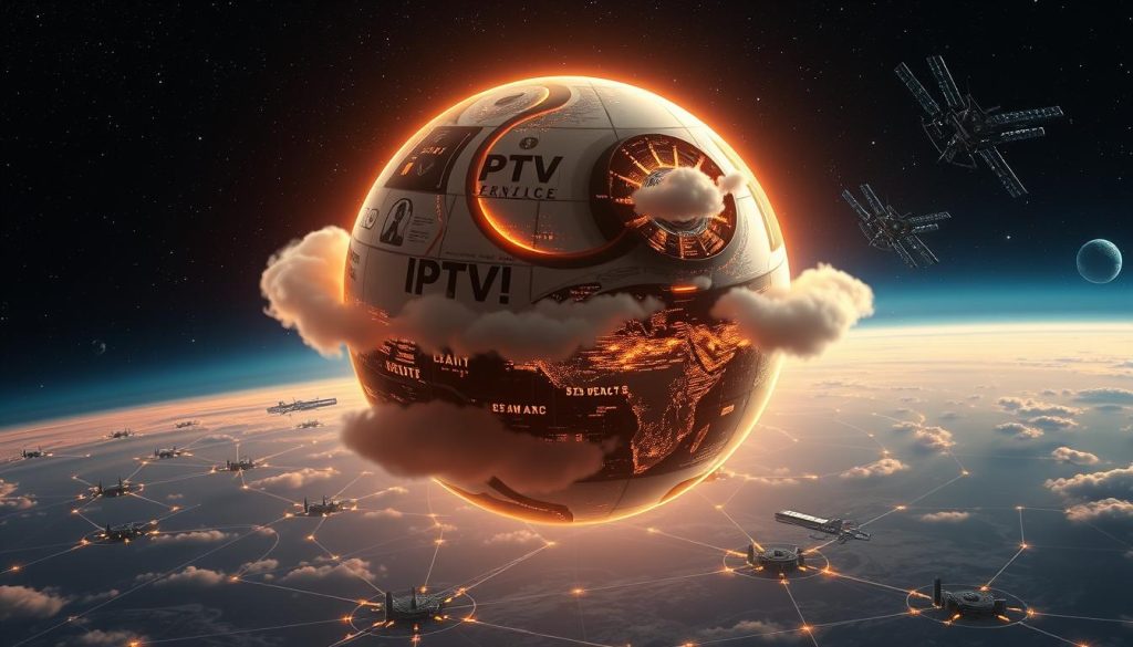 A digital planet floating in a vast, starry cosmos, its surface adorned with swirling clouds, glowing cities, and intricate networks of data streams. The planet is the centerpiece, bathed in warm, diffused lighting that casts a welcoming glow. In the foreground, a futuristic customer service center emerges, its sleek, high-tech interfaces and attentive virtual agents ready to assist. The middle ground features a network of interconnected satellites and communication relays, symbolizing the reliable infrastructure that powers the IPTV service. The background showcases a panoramic view of the digital landscape, hinting at the expansive reach and comprehensive support available to users.