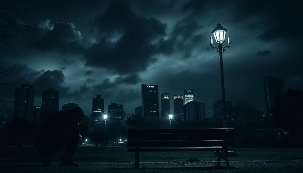 A gloomy, ominous cityscape at night, with dark clouds looming overhead. In the foreground, a person sits hunched on a park bench, their face obscured, surrounded by shadowy figures lurking in the background. Dim street lamps cast an eerie, foreboding glow, hinting at the legal dangers and risks associated with using free IPTV M3U files. The scene conveys a sense of unease, warning the viewer of the potential consequences of engaging with these unauthorized streaming services.