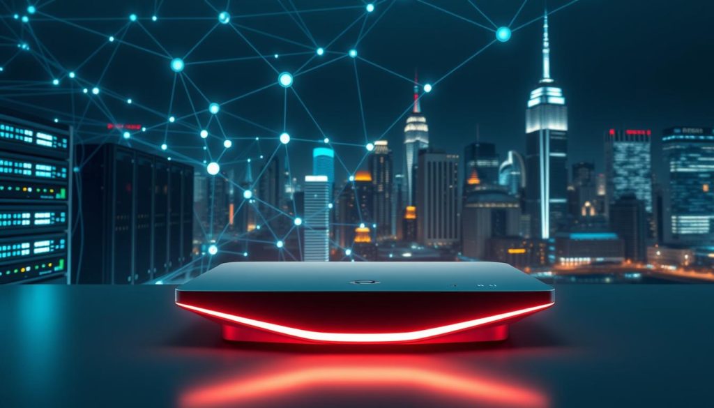 A high-tech network of servers and devices, IPTV technology powers modern multimedia experiences. In the foreground, showcase a sleek, futuristic set-top box with clean lines and a minimalist design, emitting a soft, ambient glow. In the middle ground, depict a complex web of interconnected cables, routers, and hubs, hinting at the robust infrastructure behind IPTV. In the background, a city skyline at night, with skyscrapers and twinkling lights, symbolizing the global reach and seamless connectivity of IPTV. Use cool, muted tones to convey a sense of sophistication and advanced digital capabilities, while maintaining a visually striking and informative composition.