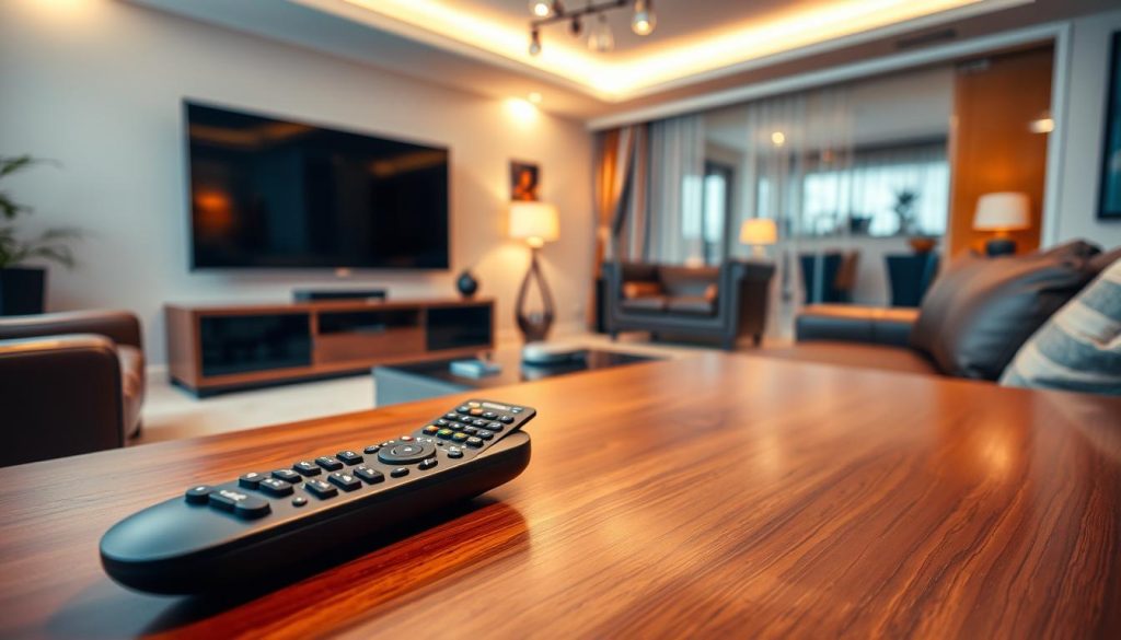 A luxurious living room interior with a large flatscreen TV prominently displayed. The room is bathed in warm, soft lighting, creating a cozy, inviting atmosphere. In the foreground, a sleek, high-end remote control is placed on a polished wood coffee table, symbolizing the seamless control and convenience of a premium IPTV service. The middle ground features comfortable leather seating, hinting at the premium quality and user experience. The background showcases elegant curtains and modern decor, conveying a sense of sophistication. The overall scene evokes a feeling of indulgence and the benefits of investing in a premium IPTV service.