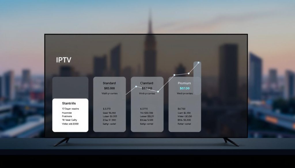 A modern and minimalist illustration of various IPTV pricing models and subscription options. In the foreground, a clean and minimalist display showcases different IPTV package tiers, such as basic, standard, and premium, each with their own set of features and monthly costs. The middle ground depicts a stylized graph or chart visualizing the relationship between the number of channels, video quality, and pricing. In the background, a soft, blurred cityscape or technology-inspired landscape sets the scene, conveying a sense of urban connectivity and digital infrastructure. The overall mood is professional, informative, and visually appealing, suitable for inclusion in an article about finding reliable IPTV resellers.