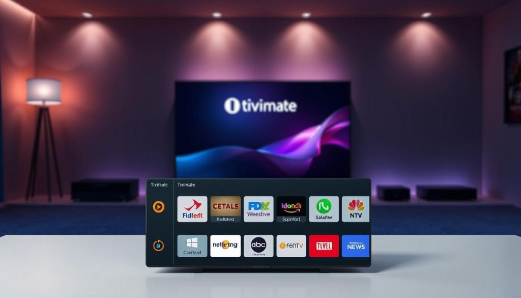 A modern and sleek interface with a clean, minimalist design. In the foreground, the TiviMate application is prominently displayed, showcasing its intuitive menu and user-friendly layout. The middle ground features a variety of streaming service logos, highlighting the app's comprehensive integration with popular IPTV providers. The background depicts a dimly lit home entertainment setup, with a high-end TV or projector and subtle ambient lighting, creating a cozy and immersive viewing experience. The overall scene conveys the evolution of TiviMate, from a basic media player to an industry-leading solution for IPTV enthusiasts, seamlessly blending form and function.