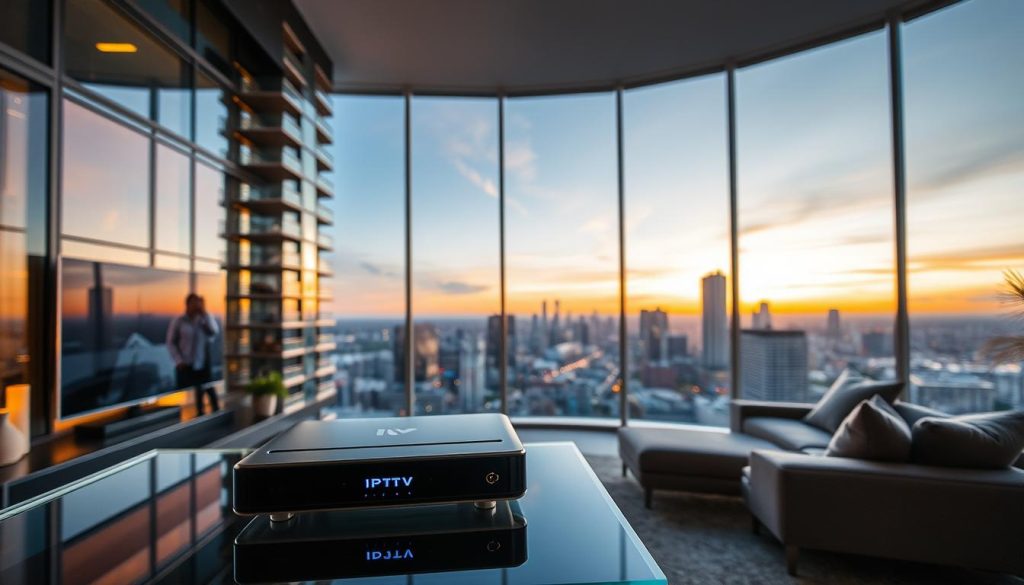 A modern high-rise building in the bustling city of Brampton, Ontario, with a clear view of the downtown skyline. The foreground showcases a sleek IPTV device resting on a minimalist glass and metal entertainment center, its LED indicators softly glowing. The middle ground depicts a cozy living room with plush seating, warm lighting, and large windows offering a panoramic view of the cityscape. In the background, the sky is painted in hues of gold and orange, capturing the essence of a vibrant, thriving community. The overall atmosphere conveys a sense of technological advancement, urban sophistication, and the comforts of home.
