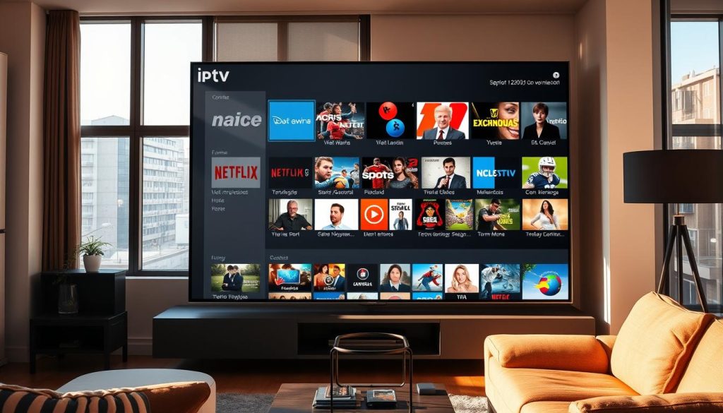 A modern living room in Montréal, Canada, with a large, high-definition television screen displaying a diverse array of IPTV content. The room is bathed in warm, natural lighting filtering through large windows, creating a cozy and inviting atmosphere. On the screen, a variety of popular TV shows, movies, sports events, and international channels are visible, reflecting the rich and diverse IPTV offerings available to residents of Montréal. The scene conveys the convenience and entertainment value of IPTV services, highlighting the wide range of content accessible to viewers in the city.