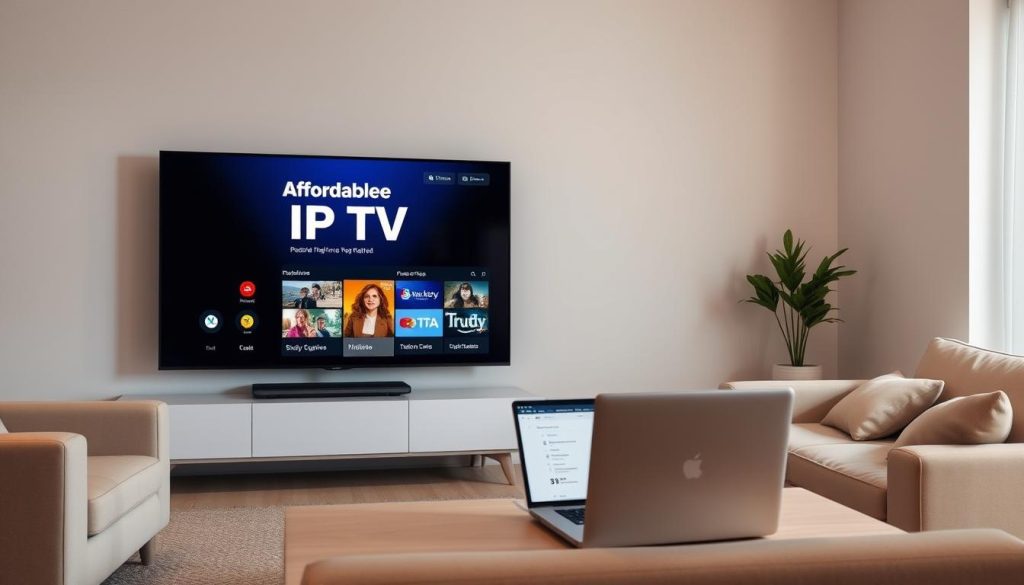 A modern living room with a large flatscreen TV displaying an affordable IPTV service interface. The TV is surrounded by sleek, minimalist furniture in neutral tones. Soft, warm lighting illuminates the scene, creating a cozy and inviting atmosphere. The room's decor is simple yet stylish, with clean lines and subtle accents. On the coffee table in front of the TV, a laptop or tablet is open, showcasing research or comparison of different IPTV providers and their pricing. The overall impression is one of an affordable, high-quality IPTV solution that can be easily integrated into a contemporary home setting.