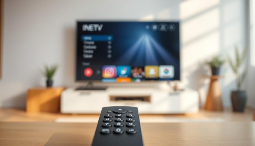 A modern, minimalist digital display showcasing a budget-friendly IPTV service. In the foreground, a sleek, minimalist remote control with premium-looking buttons. In the middle ground, a high-resolution smart TV screen displaying a clean, intuitive interface with easy-to-navigate menu options. The background features a blurred, modern living room setting, conveying a sense of comfort and affordability. Warm, natural lighting casts a soft glow, creating a welcoming atmosphere. The overall image suggests a premium IPTV experience at a budget-friendly price point. A modern, minimalist digital display showcasing a budget-friendly IPTV service. In the foreground, a sleek, minimalist remote control with premium-looking buttons. In the middle ground, a high-resolution smart TV screen displaying a clean, intuitive interface with easy-to-navigate menu options. The background features a blurred, modern living room setting, conveying a sense of comfort and affordability. Warm, natural lighting casts a soft glow, creating a welcoming atmosphere. The overall image suggests a premium IPTV experience at a budget-friendly price point.