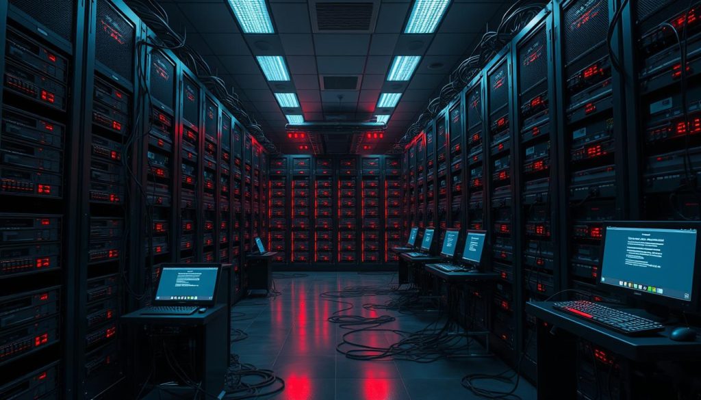 A modern server room filled with racks of blinking network equipment, shrouded in an eerie red glow. The atmosphere is tense, with a sense of impending doom as the IPTV service providers face an uncertain future. Sleek black workstations sit idle, their screens displaying error messages, while cables snake across the floor, reflecting the dim, ominous lighting. The scene conveys a sense of abandoned technology, with the weight of the closures weighing heavily on the room's cold, clinical ambiance.