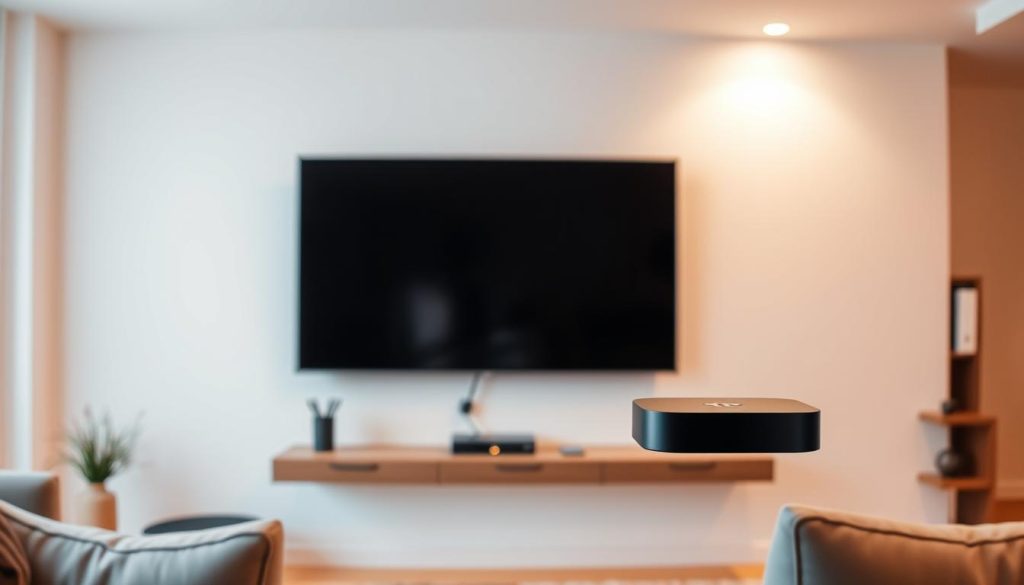 A modern, well-lit living room setting with a sleek, wall-mounted smart TV as the focal point. The TV is connected to a compact set-top box or streaming device, representing the IPTV setup. The room has minimalist decor, with a clean, uncluttered design. Soft, warm lighting illuminates the scene, creating a cozy and inviting atmosphere. The camera angle is positioned to showcase the smart TV and IPTV components, highlighting their integration and the ease of the setup process. The overall image conveys a sense of technological sophistication and user-friendly home entertainment.