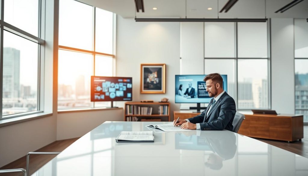 A modern, well-lit office interior with a large, bright window overlooking a cityscape. In the foreground, a businessman in a suit sits at a sleek, minimalist desk, studying legal documents and digital displays showcasing various IPTV service offerings. The middle ground features bookshelves and framed artwork, conveying a professional, authoritative atmosphere. The background is softly blurred, with a sense of urban activity and progress visible through the window. The overall mood is one of diligent research, legal compliance, and the responsible exploration of emerging media technologies.