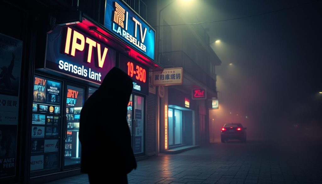 A neon-lit storefront on a dimly lit urban street, showcasing an IPTV reseller's offerings. The exterior is adorned with flashy digital displays and signage, casting an eerie glow over the scene. In the foreground, a shadowy figure stands, their face obscured, hinting at the potential risks of engaging with such a business. The background is hazy, with a sense of unease permeating the atmosphere, suggesting the need for caution when navigating the IPTV reseller landscape.