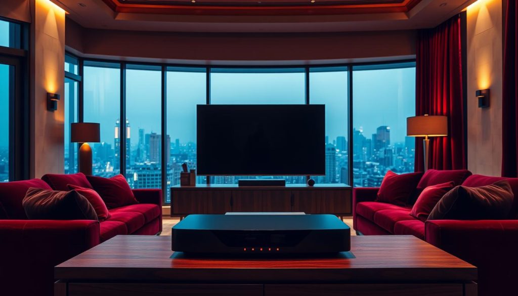 A serene and opulent living room with plush velvet furnishings in rich hues of burgundy and gold. A large, state-of-the-art curved OLED television takes center stage, casting a warm glow across the elegant space. Soft, indirect lighting illuminates the room, creating a cozy and luxurious ambiance. In the foreground, a sleek, modern streaming device sits atop a polished wooden media console, symbolizing the convergence of luxury and technology. The background features floor-to-ceiling windows overlooking a picturesque cityscape, conveying a sense of urban sophistication. The overall scene radiates an air of refined indulgence, hinting at the promise of a premium streaming experience.